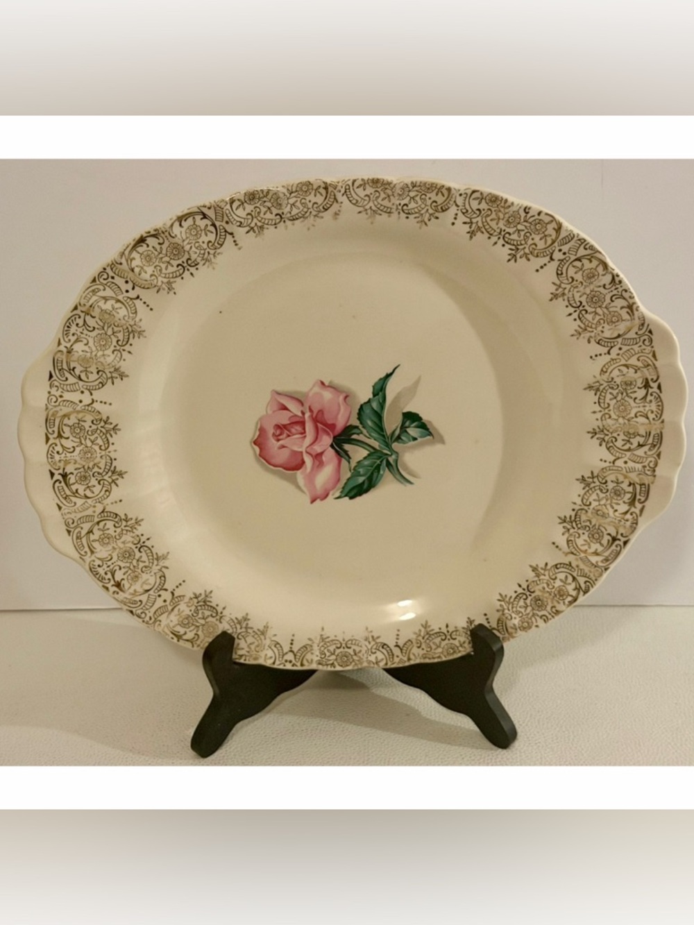 American Limoges Le Fleur Rouge Oval Serving Bowl 22K Gold Pink Rose VTG